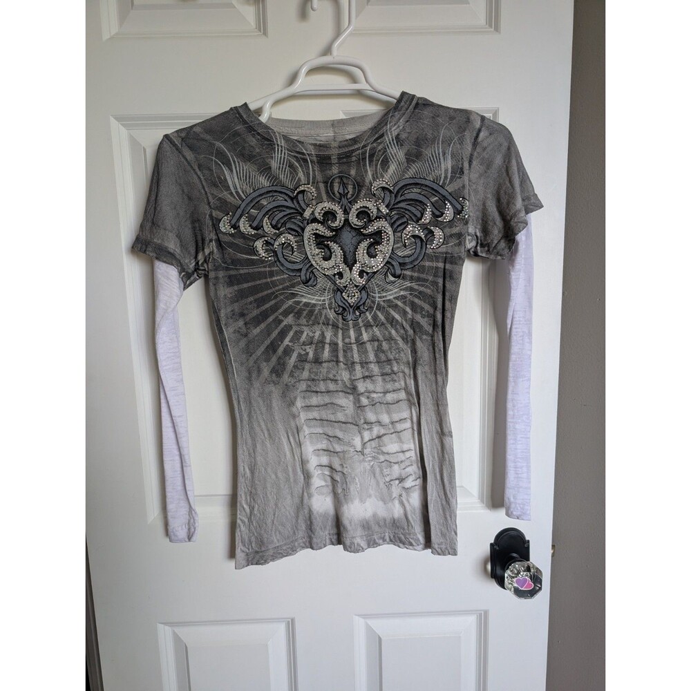 SINFUL AFFLICTION Y2K 00s Wing Bling Long Sleeve Shirt Layered Crest Biker